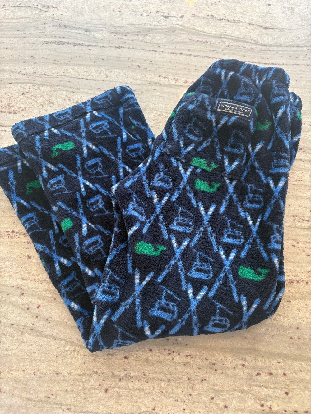 Vineyard Vines Navy Fleece Pants with Blue & Green Whale Motif